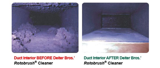 Duct Interior BEFORE Deiter Bros' Rotobrush Cleaner versus Duct Interior AFTER Deiter Bros' Rotobrush Cleaner